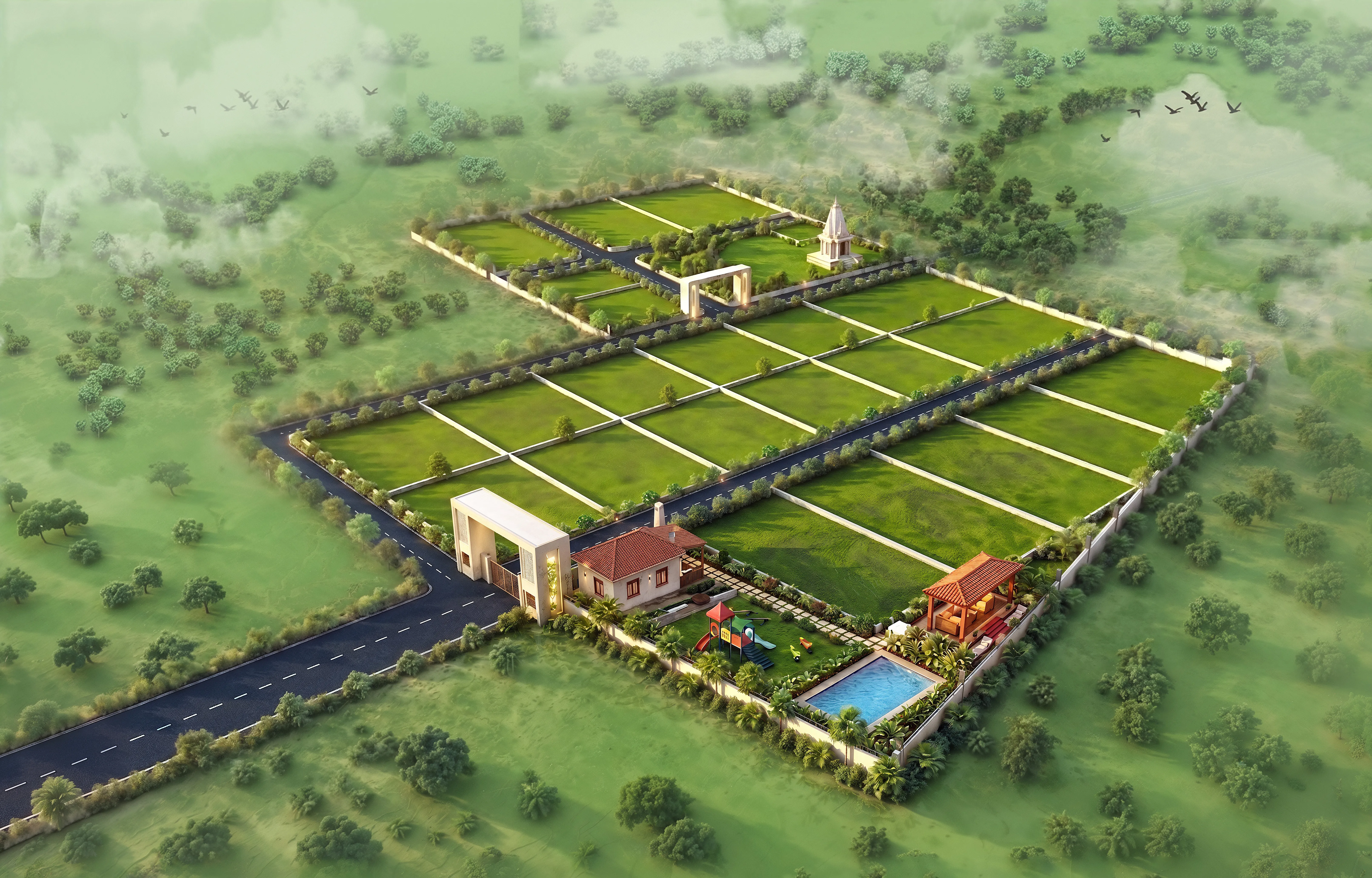 Panoramic 3D Bird's Eye View of Vara Farm Haven layout